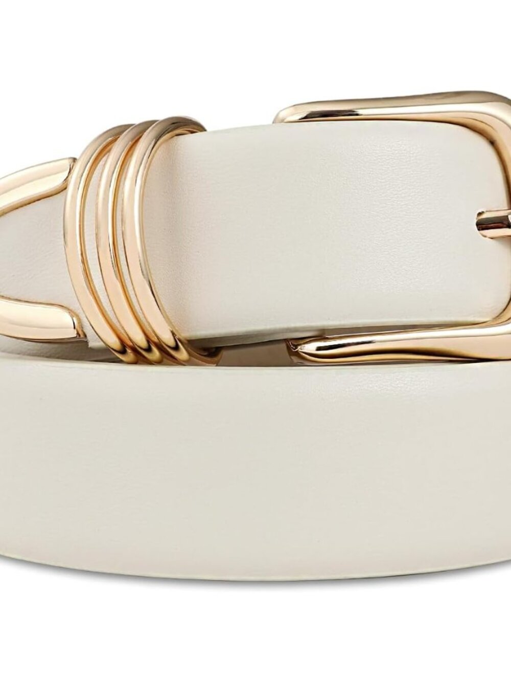 Sleek Women's White Faux Leather Belt with Gold Rectangle Buckle - Size M 32-36